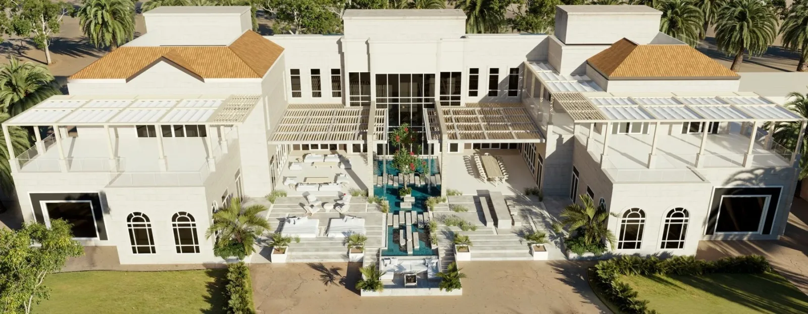 Aerial view of a villa courtyard with water features