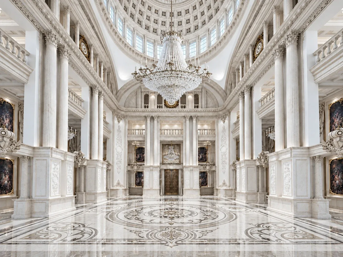 Grand palace hall with crystal chandelier and marble floor