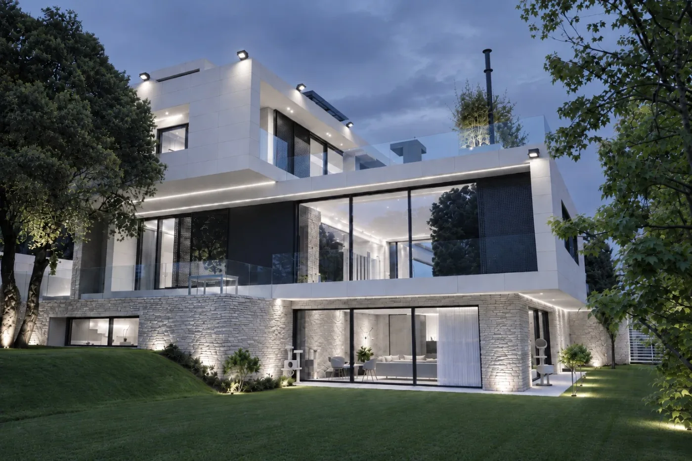 Private villa illuminated at dusk