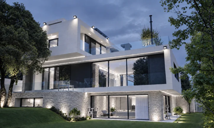Contemporary villa illuminated at dusk