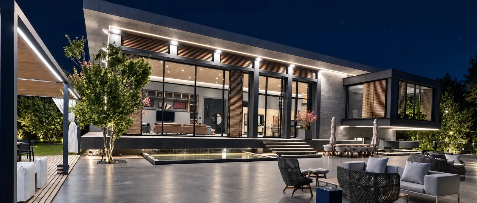 Contemporary villa terrace at night